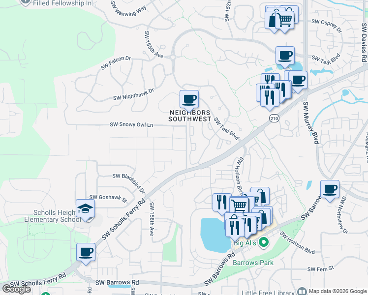map of restaurants, bars, coffee shops, grocery stores, and more near 15557 SW Wren Lane in Beaverton