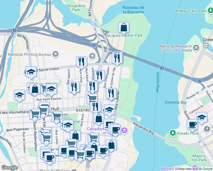 map of restaurants, bars, coffee shops, grocery stores, and more near 280 Rue Champlain in Gatineau
