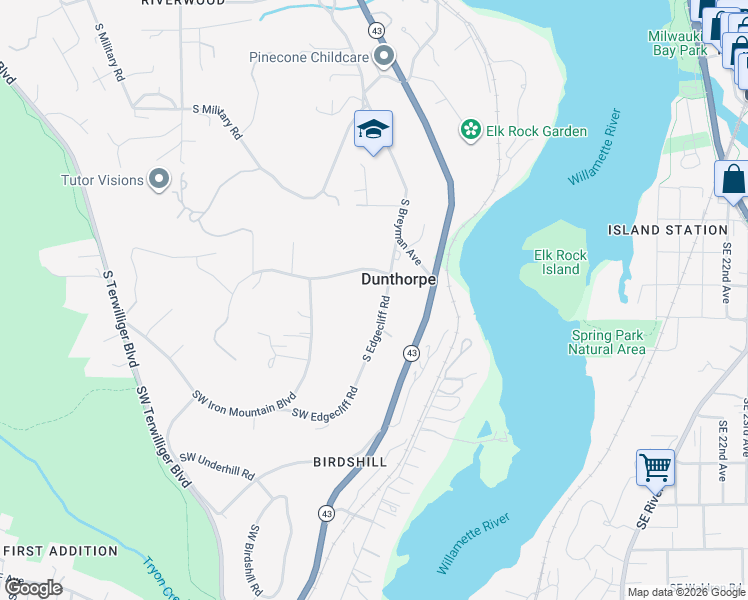 map of restaurants, bars, coffee shops, grocery stores, and more near 12457 Southwest Edgecliff Road in Portland