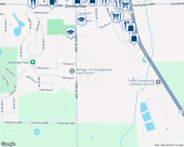 map of restaurants, bars, coffee shops, grocery stores, and more near 12681 8th Avenue South in Zimmerman