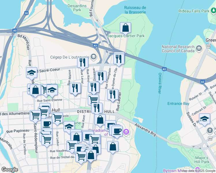 map of restaurants, bars, coffee shops, grocery stores, and more near in Gatineau