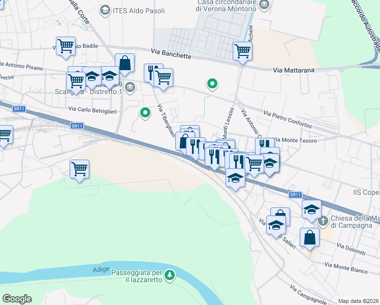 map of restaurants, bars, coffee shops, grocery stores, and more near 2 Piazza della Chiesa in Verona