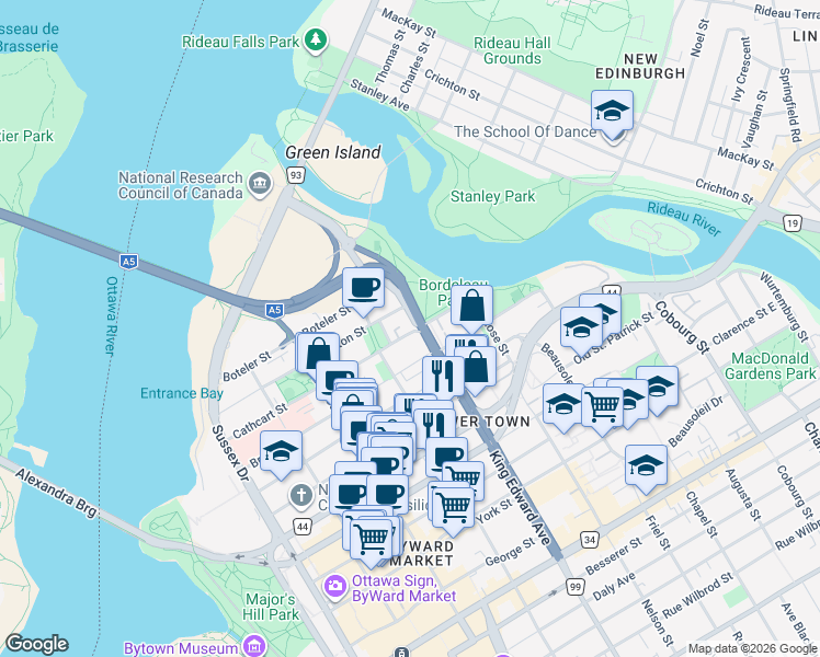 map of restaurants, bars, coffee shops, grocery stores, and more near 273 Cathcart Street in Ottawa