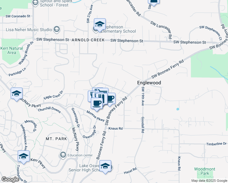 map of restaurants, bars, coffee shops, grocery stores, and more near 12433 Orchard Hill Road in Lake Oswego