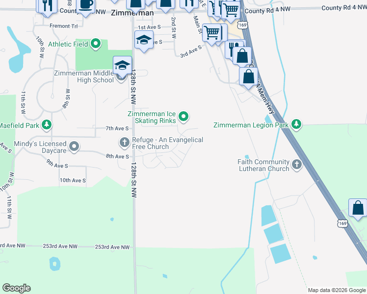 map of restaurants, bars, coffee shops, grocery stores, and more near 12606 Pond View Road in Zimmerman