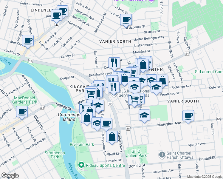 map of restaurants, bars, coffee shops, grocery stores, and more near 275 Durocher Street in Ottawa