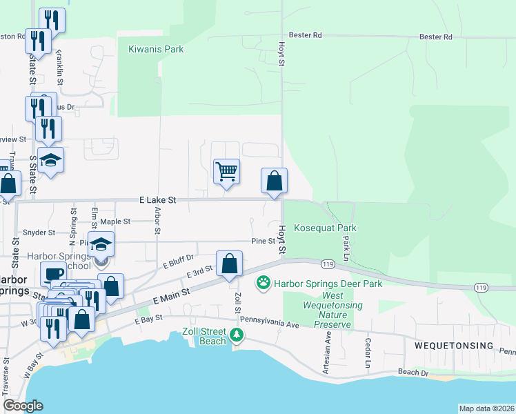 map of restaurants, bars, coffee shops, grocery stores, and more near 668 East Lake Street in Harbor Springs
