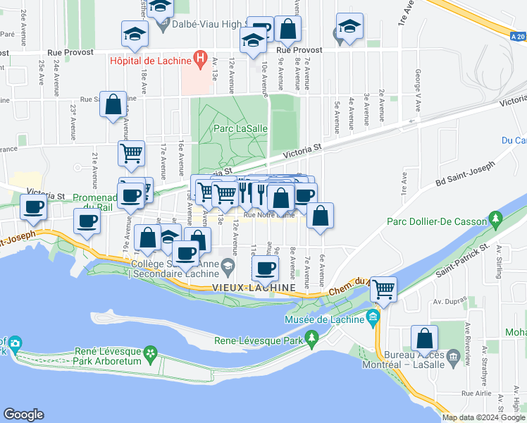 map of restaurants, bars, coffee shops, grocery stores, and more near 1040 Rue Notre-Dame in Montréal