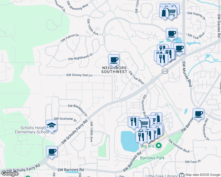 map of restaurants, bars, coffee shops, grocery stores, and more near 15557 SW Wren Lane in Beaverton