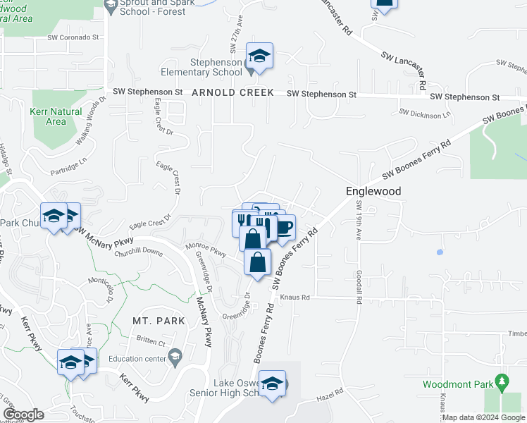 map of restaurants, bars, coffee shops, grocery stores, and more near 12503 Southwest Shelby Court in Lake Oswego