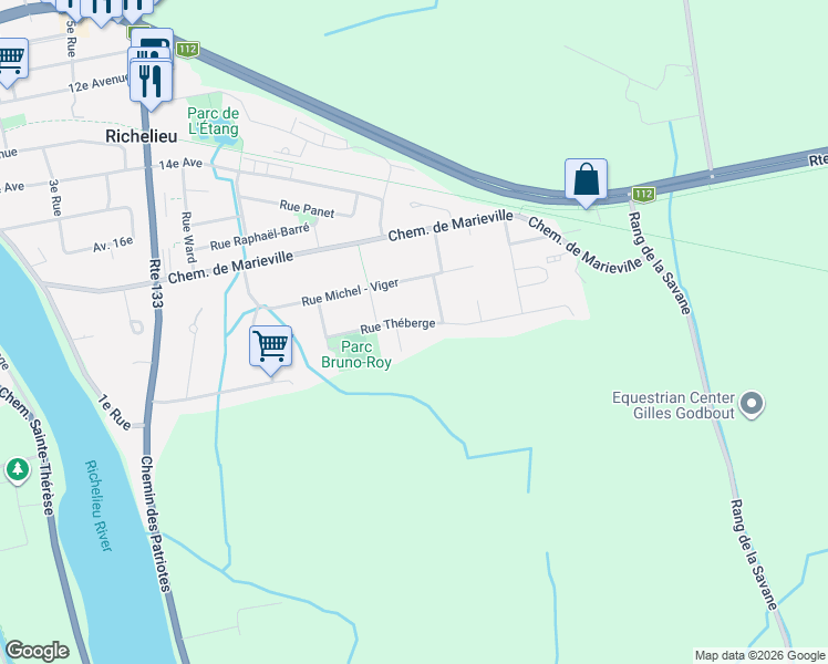 map of restaurants, bars, coffee shops, grocery stores, and more near 22 Rue Théberge in Richelieu