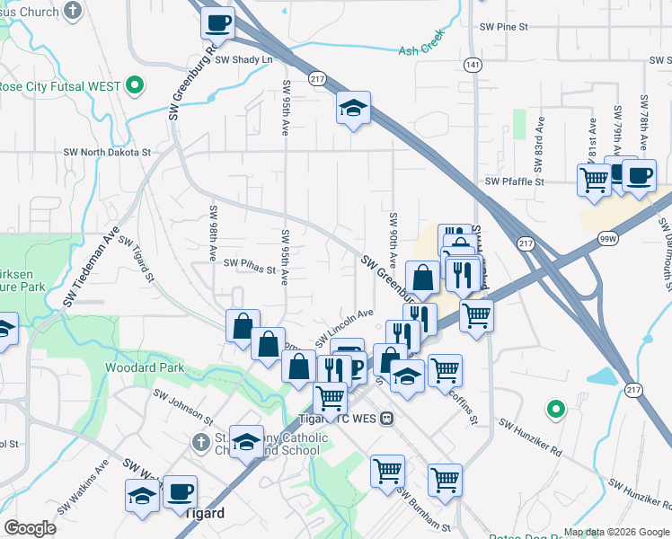 map of restaurants, bars, coffee shops, grocery stores, and more near 11760 Southwest 92nd Avenue in Portland