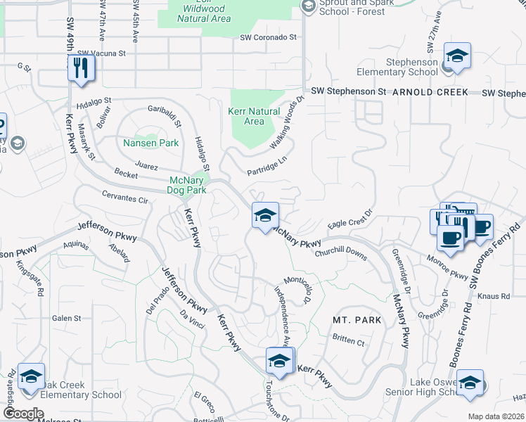 map of restaurants, bars, coffee shops, grocery stores, and more near Oswego Summit in Lake Oswego
