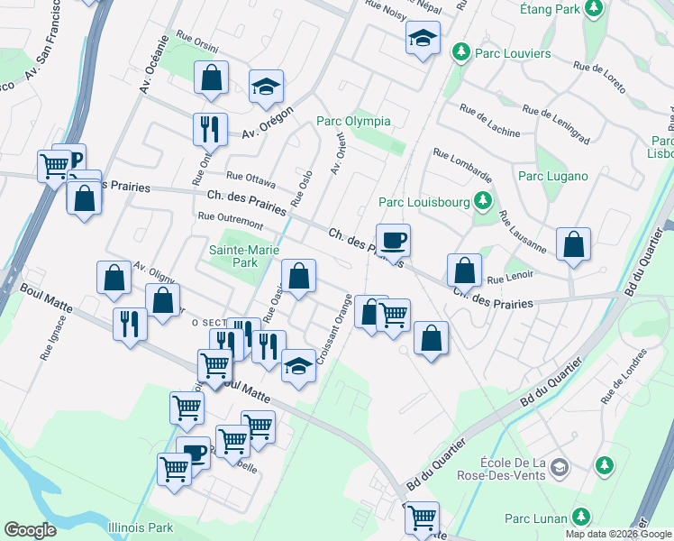 map of restaurants, bars, coffee shops, grocery stores, and more near 3795 Rue Outremont in Brossard