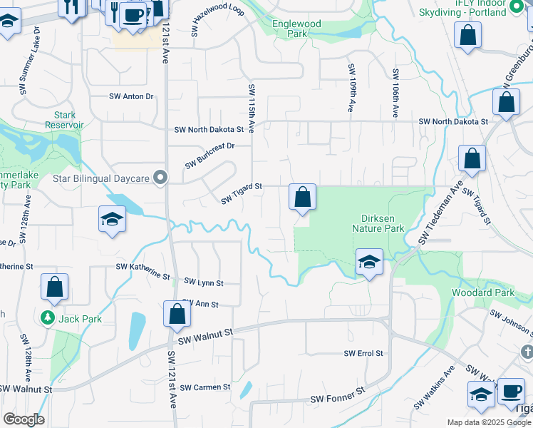 map of restaurants, bars, coffee shops, grocery stores, and more near 11740 Southwest 114th Place in Tigard