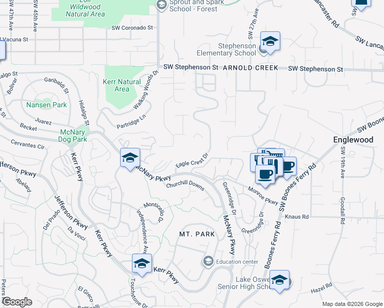 map of restaurants, bars, coffee shops, grocery stores, and more near 3236 Southwest Arrowood Drive in Portland