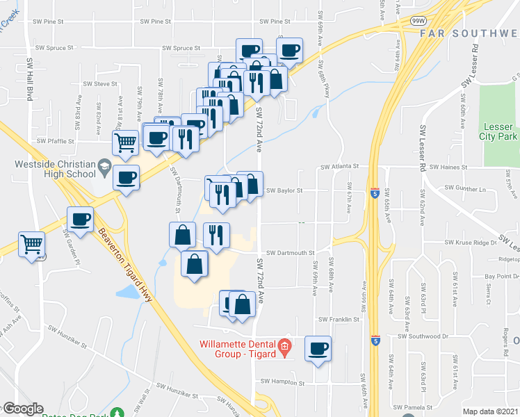 map of restaurants, bars, coffee shops, grocery stores, and more near 11754 Southwest 72nd Avenue in Tigard