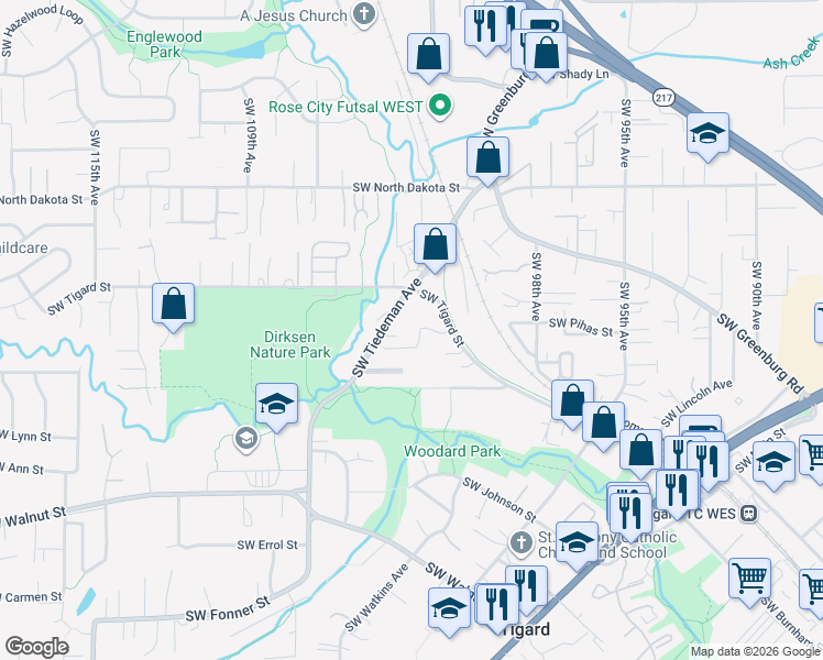 map of restaurants, bars, coffee shops, grocery stores, and more near 11742 Southwest Tiedeman Avenue in Tigard