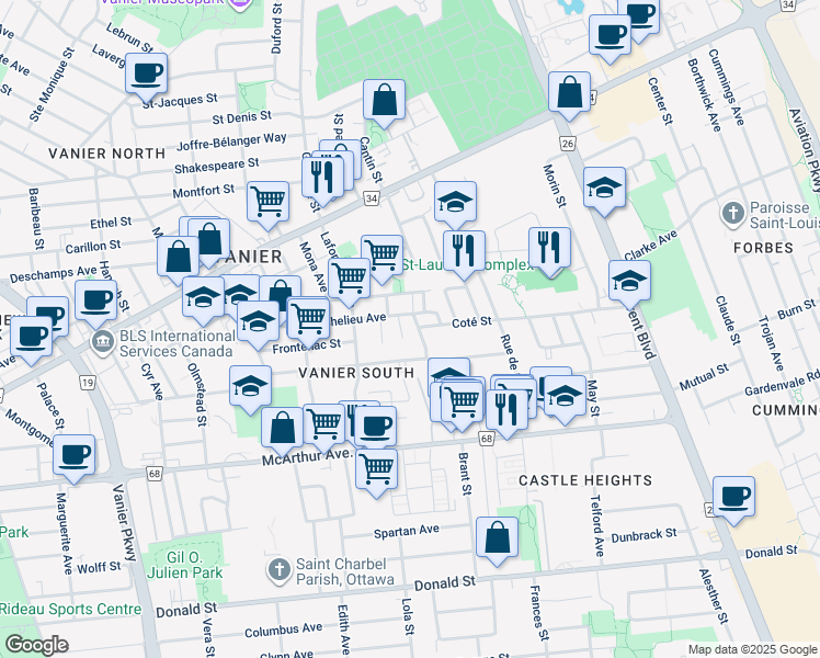 map of restaurants, bars, coffee shops, grocery stores, and more near in Ottawa