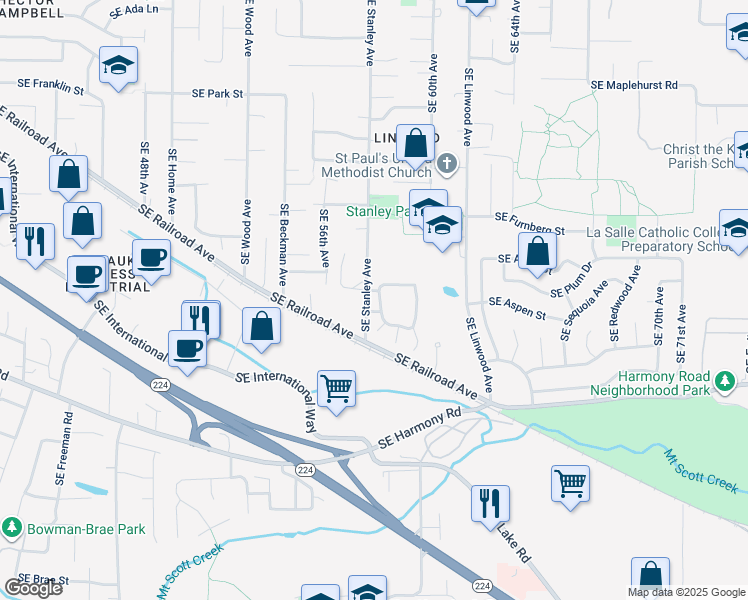 map of restaurants, bars, coffee shops, grocery stores, and more near 12107 Southeast Grove Loop in Milwaukie