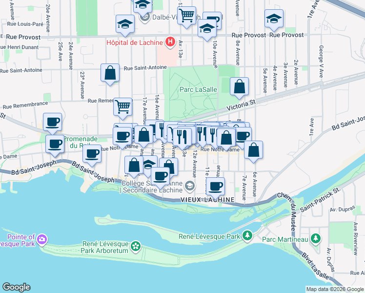 map of restaurants, bars, coffee shops, grocery stores, and more near in Montreal
