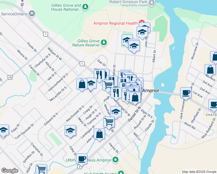 map of restaurants, bars, coffee shops, grocery stores, and more near 116 Madawaska Street in Arnprior