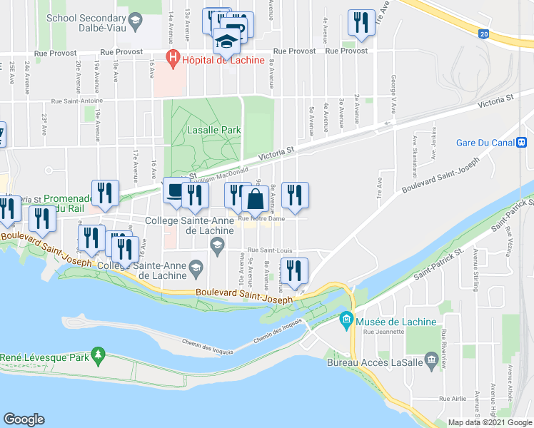 map of restaurants, bars, coffee shops, grocery stores, and more near 840 Rue Notre-Dame in Montréal