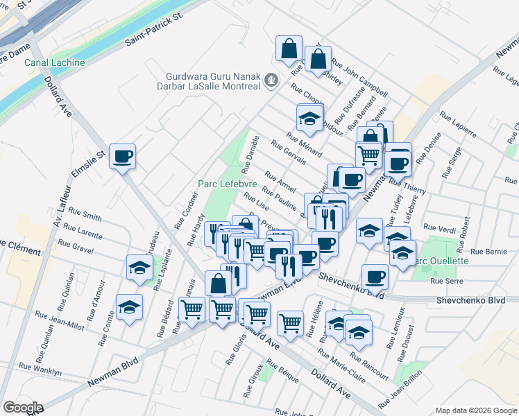 map of restaurants, bars, coffee shops, grocery stores, and more near 2292 Rue Lise in Montréal