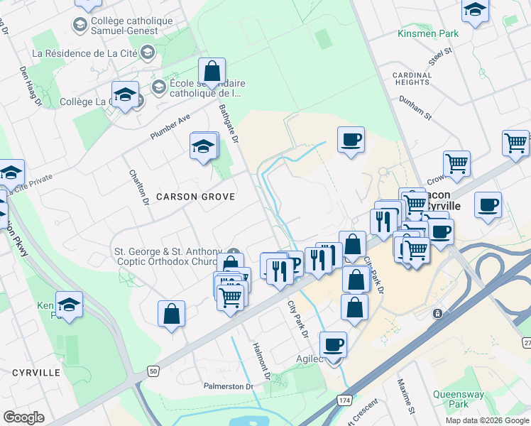 map of restaurants, bars, coffee shops, grocery stores, and more near 1106 Bathgate Drive in Ottawa