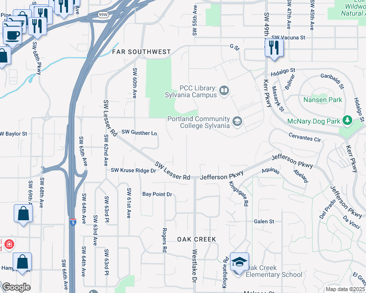 map of restaurants, bars, coffee shops, grocery stores, and more near 12515 Southwest 55th Place in Portland