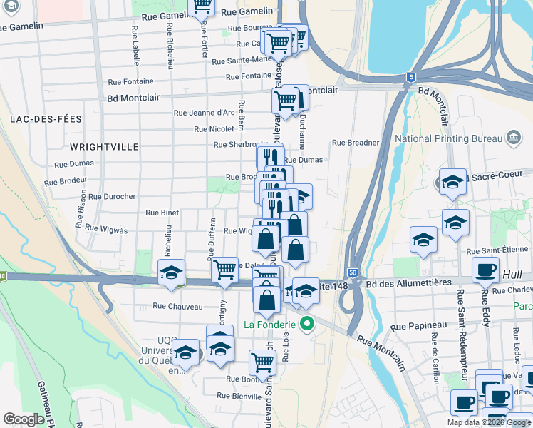 map of restaurants, bars, coffee shops, grocery stores, and more near 4 Rue Taschereau in Gatineau