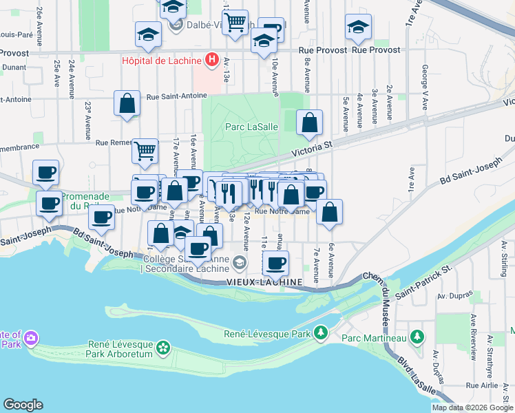 map of restaurants, bars, coffee shops, grocery stores, and more near 1142 Rue Notre-Dame in Montréal