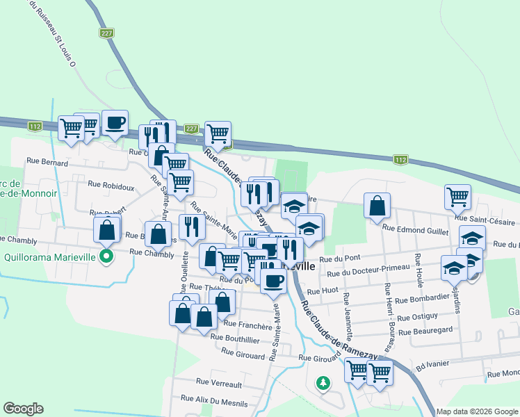 map of restaurants, bars, coffee shops, grocery stores, and more near 345 Rue Claude-de Ramezay in Marieville