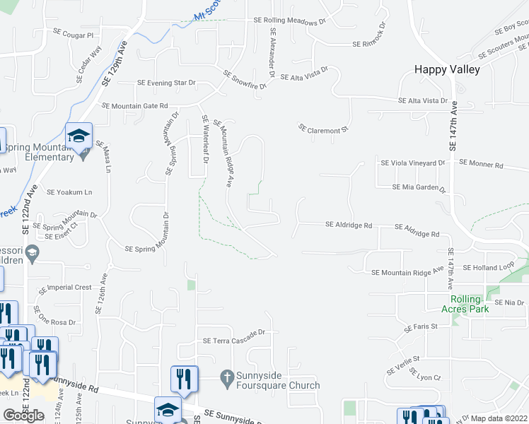 map of restaurants, bars, coffee shops, grocery stores, and more near Southeast Wintercress Court in Happy Valley