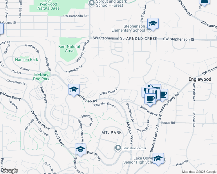 map of restaurants, bars, coffee shops, grocery stores, and more near 3236 Southwest Arrowood Drive in Portland