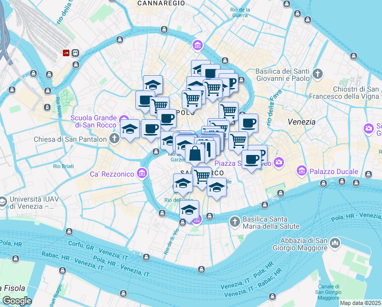 map of restaurants, bars, coffee shops, grocery stores, and more near 380 Calle Avvocati in Venezia