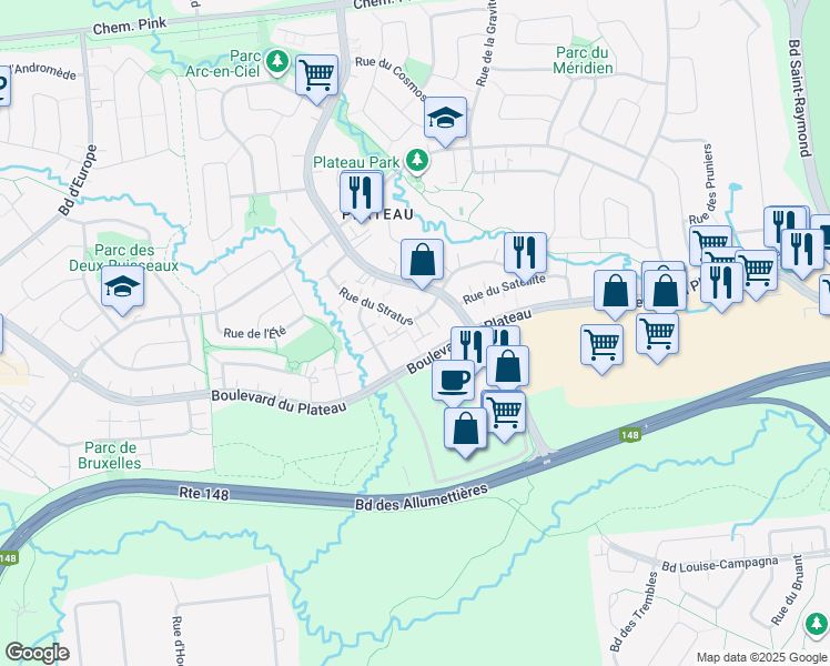 map of restaurants, bars, coffee shops, grocery stores, and more near 92 Rue du Stratus in Gatineau