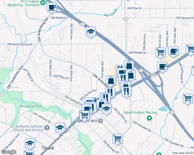 map of restaurants, bars, coffee shops, grocery stores, and more near 10350 Southwest Lincoln Avenue in Tigard