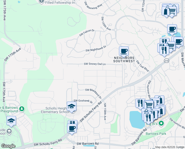 map of restaurants, bars, coffee shops, grocery stores, and more near 15975 SW Wren Lane in Beaverton