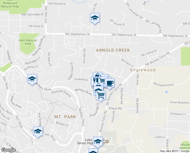 map of restaurants, bars, coffee shops, grocery stores, and more near 2704 Orchard Hill Lane in Lake Oswego