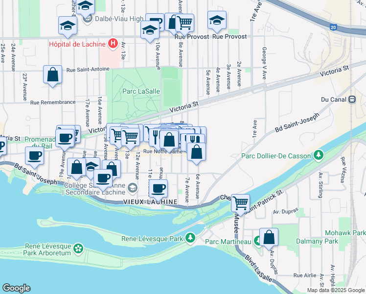 map of restaurants, bars, coffee shops, grocery stores, and more near 845 Rue Notre-Dame in Montréal