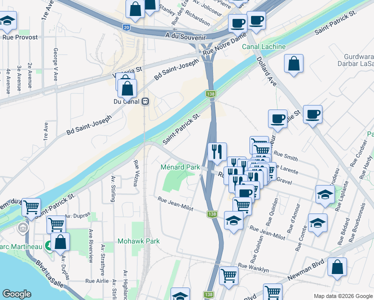 map of restaurants, bars, coffee shops, grocery stores, and more near 9695 Rue Clément in Montréal