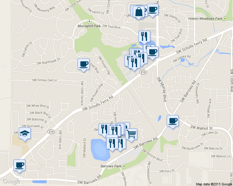 map of restaurants, bars, coffee shops, grocery stores, and more near 14910 Highway 210 in Beaverton