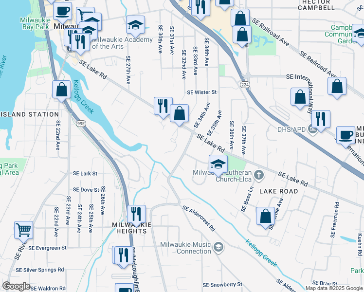 map of restaurants, bars, coffee shops, grocery stores, and more near 3401 Southeast Guilford Drive in Milwaukie