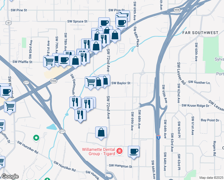 map of restaurants, bars, coffee shops, grocery stores, and more near 11754 Southwest 72nd Avenue in Tigard