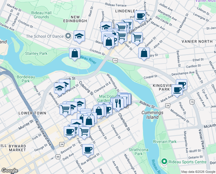 map of restaurants, bars, coffee shops, grocery stores, and more near in Ottawa