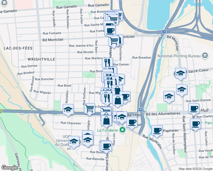 map of restaurants, bars, coffee shops, grocery stores, and more near 4 Rue Taschereau in Gatineau