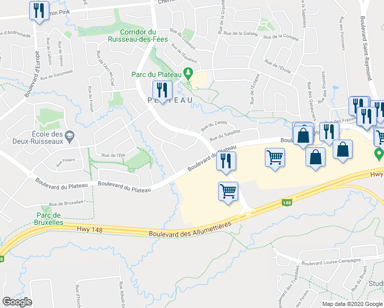 map of restaurants, bars, coffee shops, grocery stores, and more near 96 Rue du Stratus in Gatineau