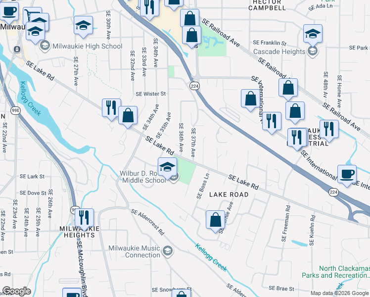map of restaurants, bars, coffee shops, grocery stores, and more near 3695 Southeast Lake Road in Milwaukie