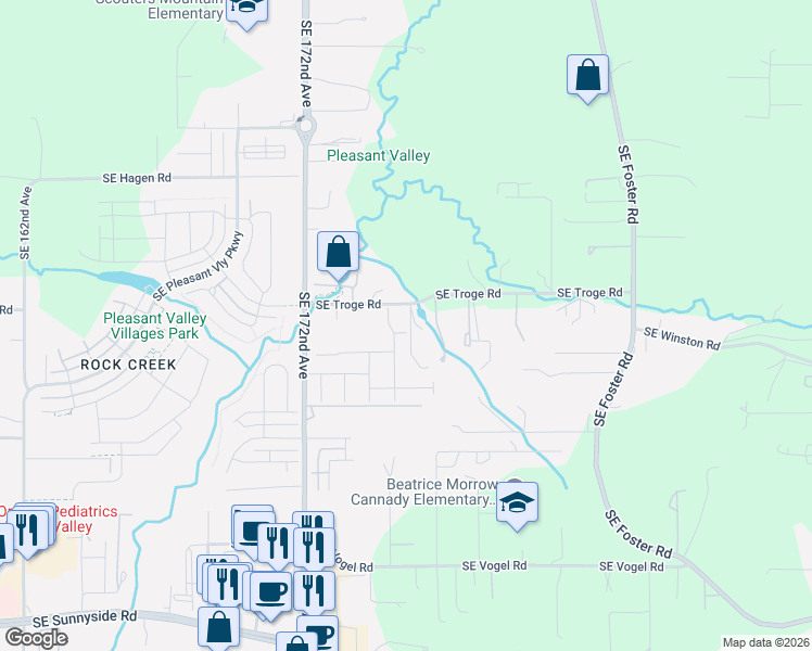 map of restaurants, bars, coffee shops, grocery stores, and more near 12151 Southeast Olympic Street in Damascus